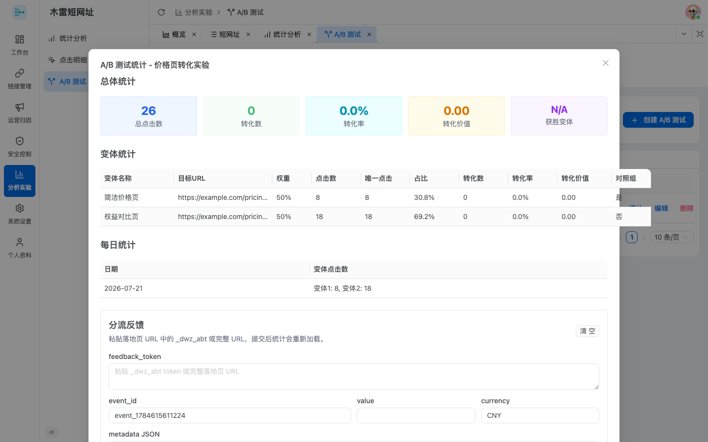 A/B 测试变体统计